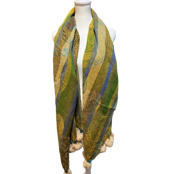 Mala Alisha 100% Pure Wool Shawl/Scarf Green/Blue/Orange with Tan Rabbit Fur - Picture 1 of 7